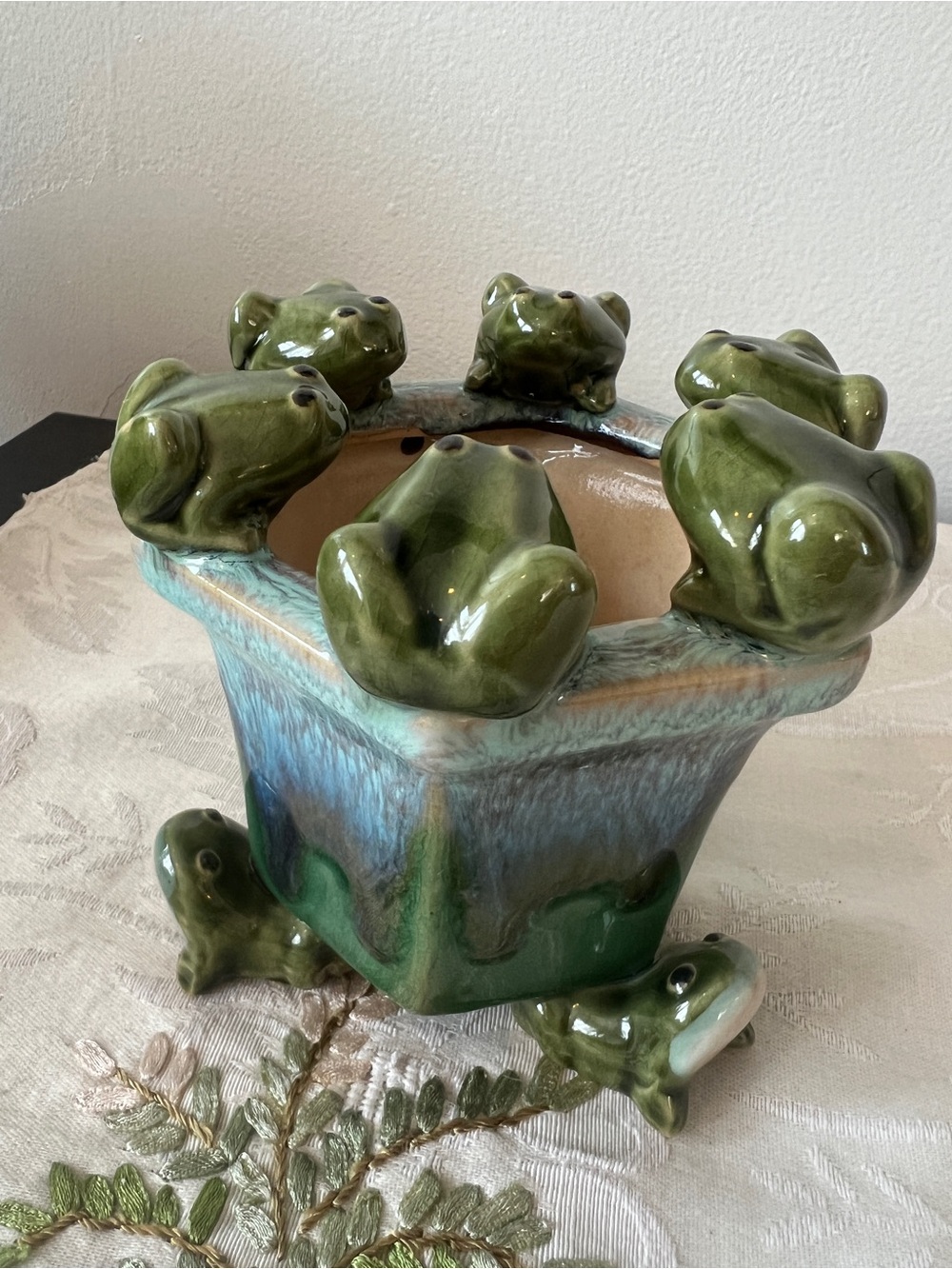 Vintage Green Frog Ceramic Planter with Blue-Green Glaze